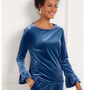 NWT Talbots Blue Ruffle Sleeve Back Bow Velvet Top / Blouse Size XL